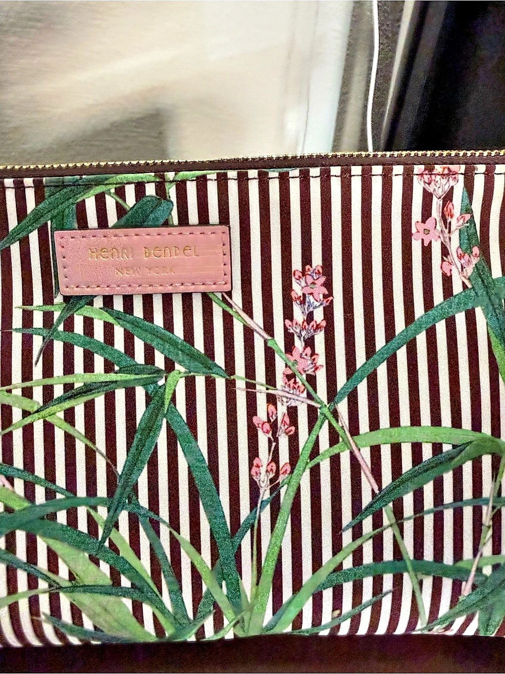 Henri Bendel Centennial Stripe Tropical Floral Large Cosmetic Pouch New - Picture 4 of 9